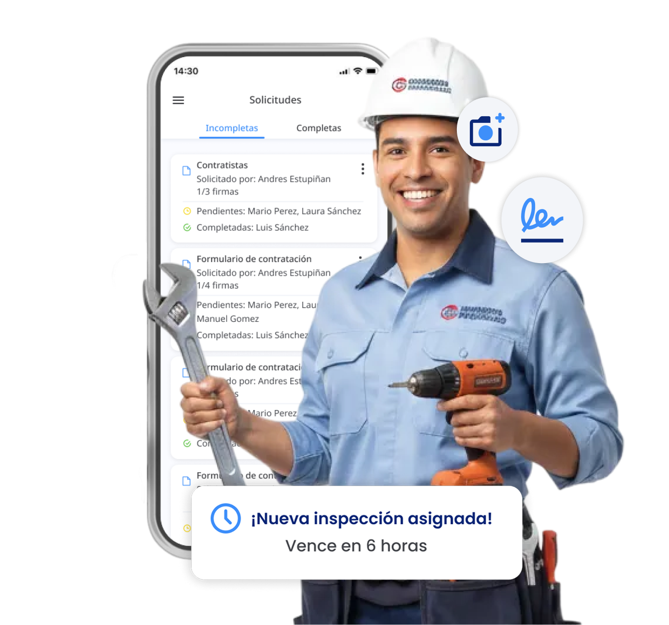 Técnico de mantenimiento registrando una orden de trabajo desde el celular en planta