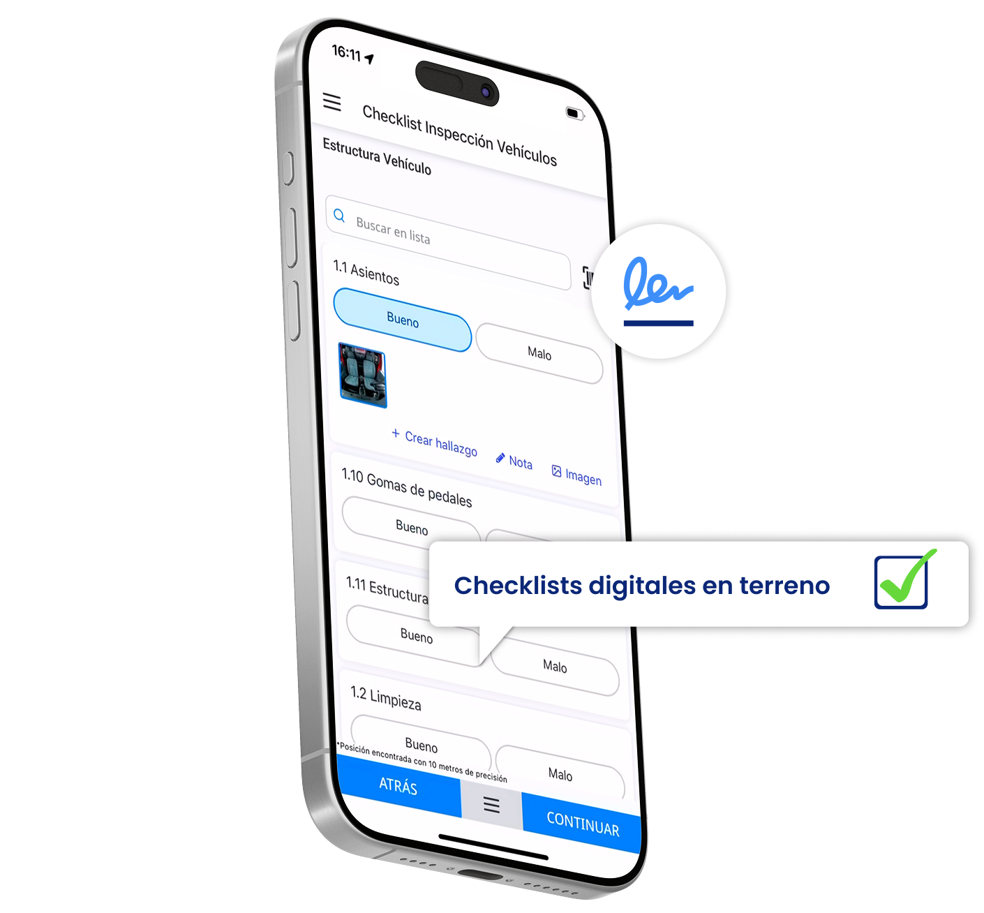 Checklist de mantenimiento con foto y firma completado en terreno