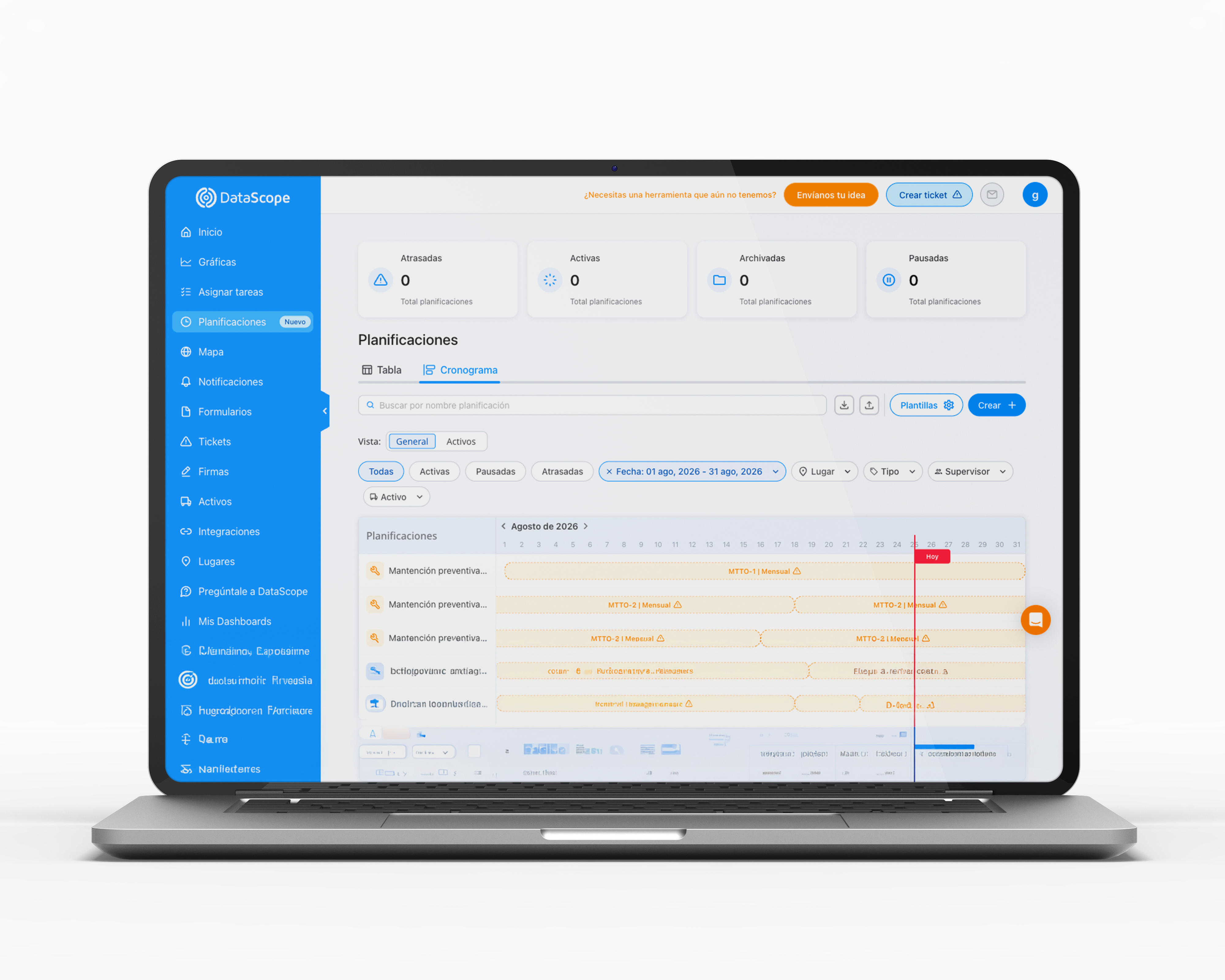 Mockup de tablero de órdenes de trabajo y mantenciones