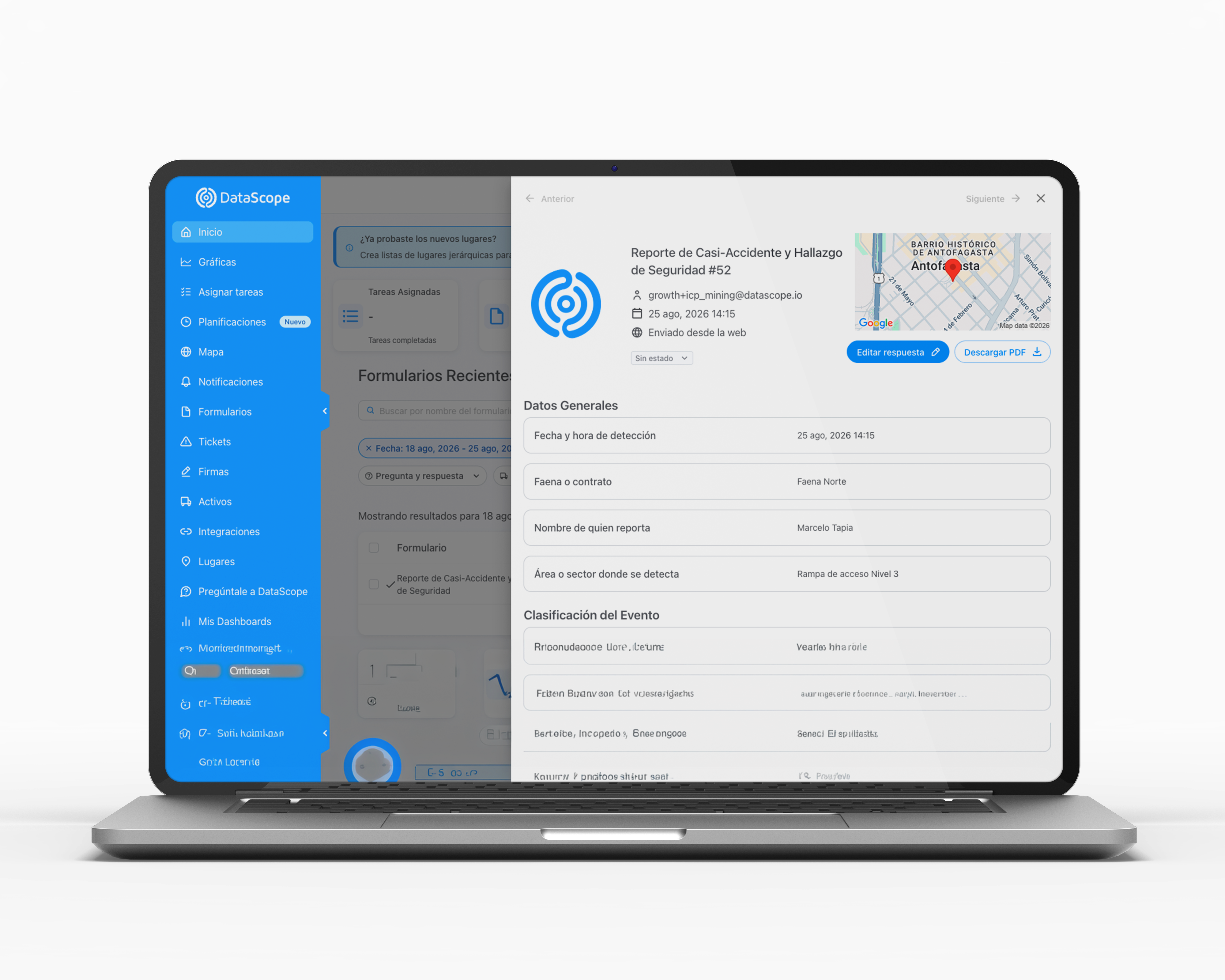 Mockup de tablero de inspecciones y hallazgos