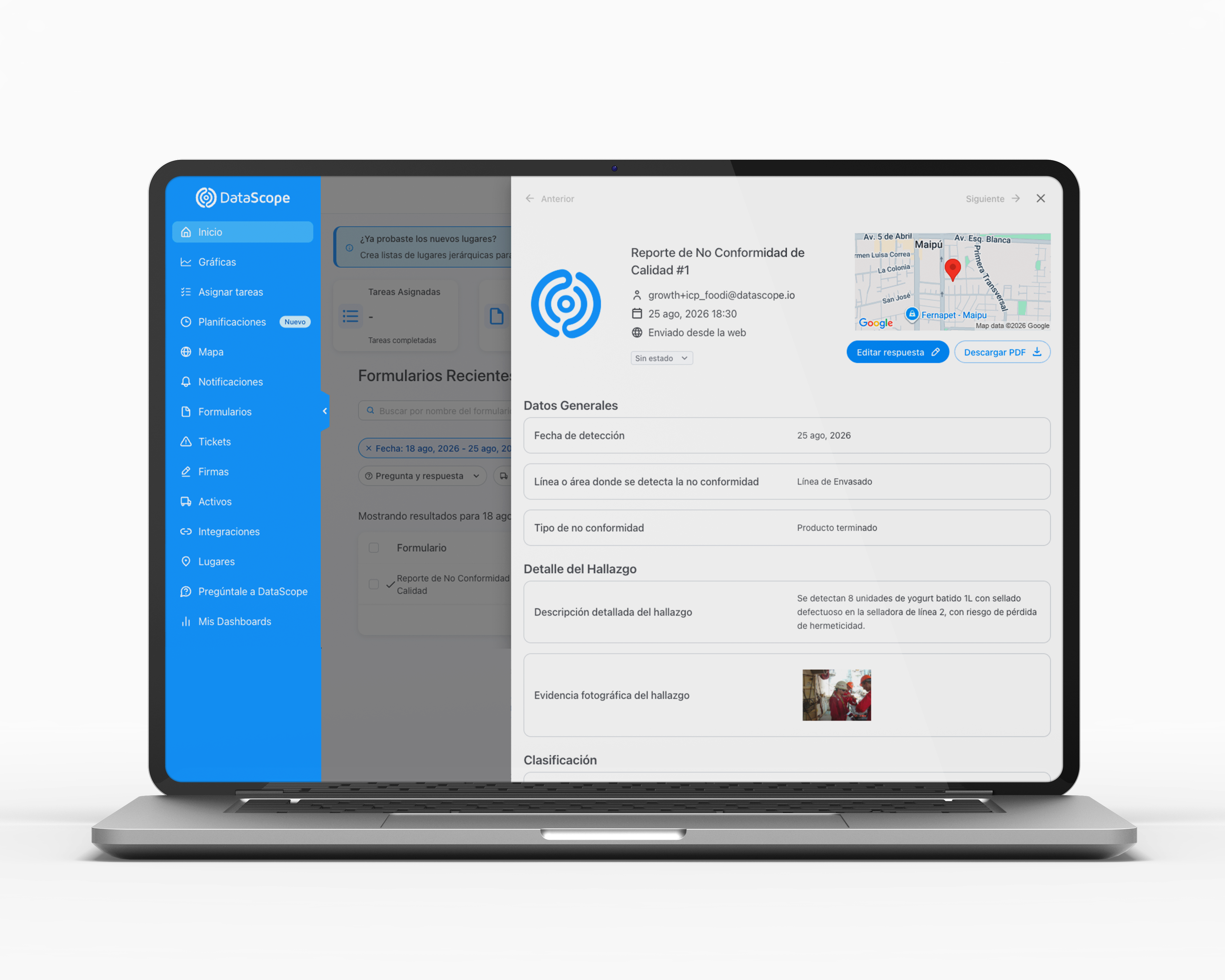 Flujo de formularios de control de calidad completados en terreno hacia el dashboard de auditoría