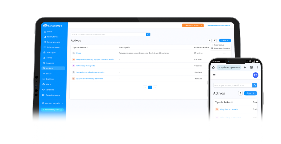 Listado de activos de la plataforma DataScope en tablet y celular