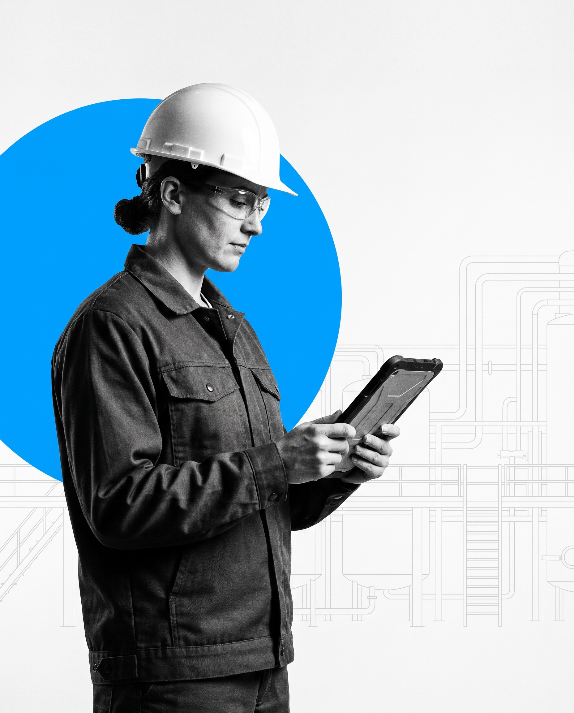 Inspector de calidad registrando datos en tablet en planta industrial