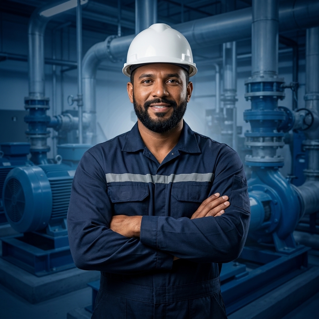 Jefe de Mantenimiento con casco frente a bombas y motores industriales