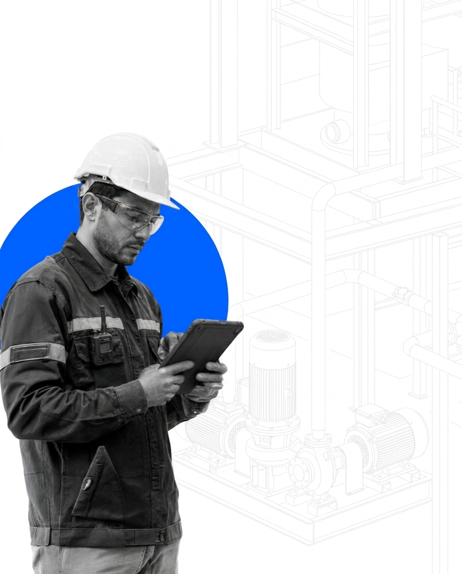 Técnico de mantenimiento registrando una orden de trabajo en tablet junto a equipos de planta