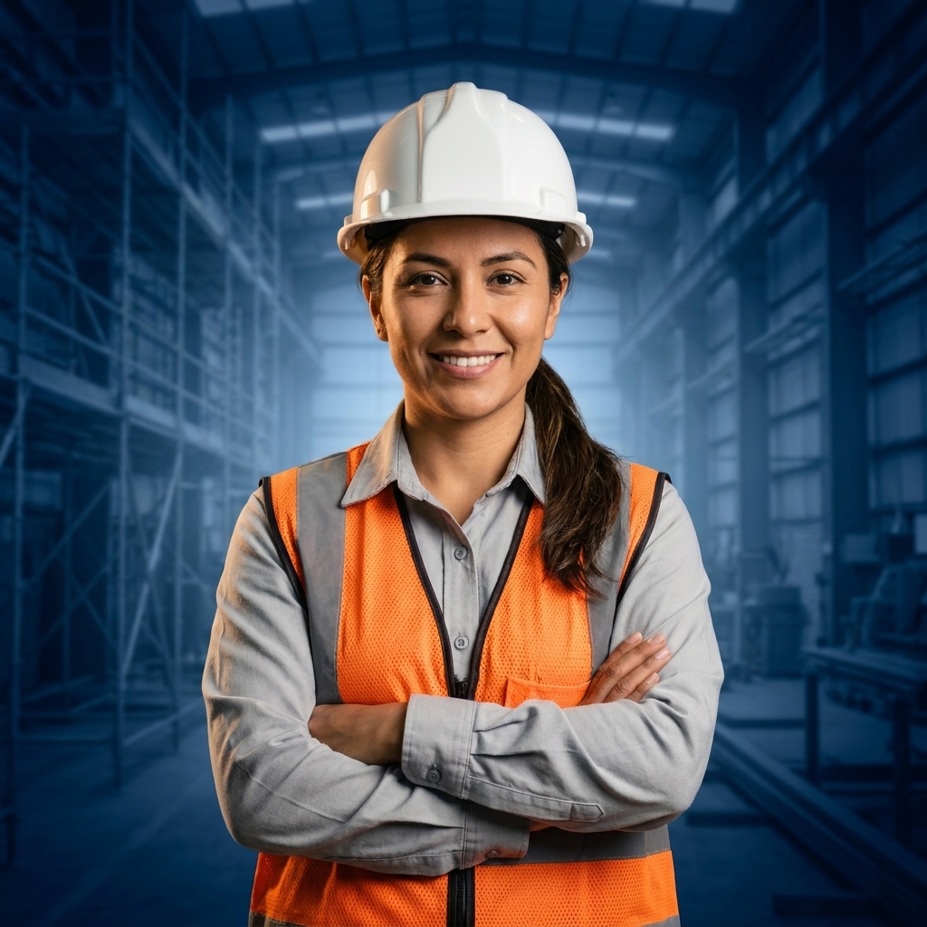 Prevencionista con casco y chaleco reflectante en obra