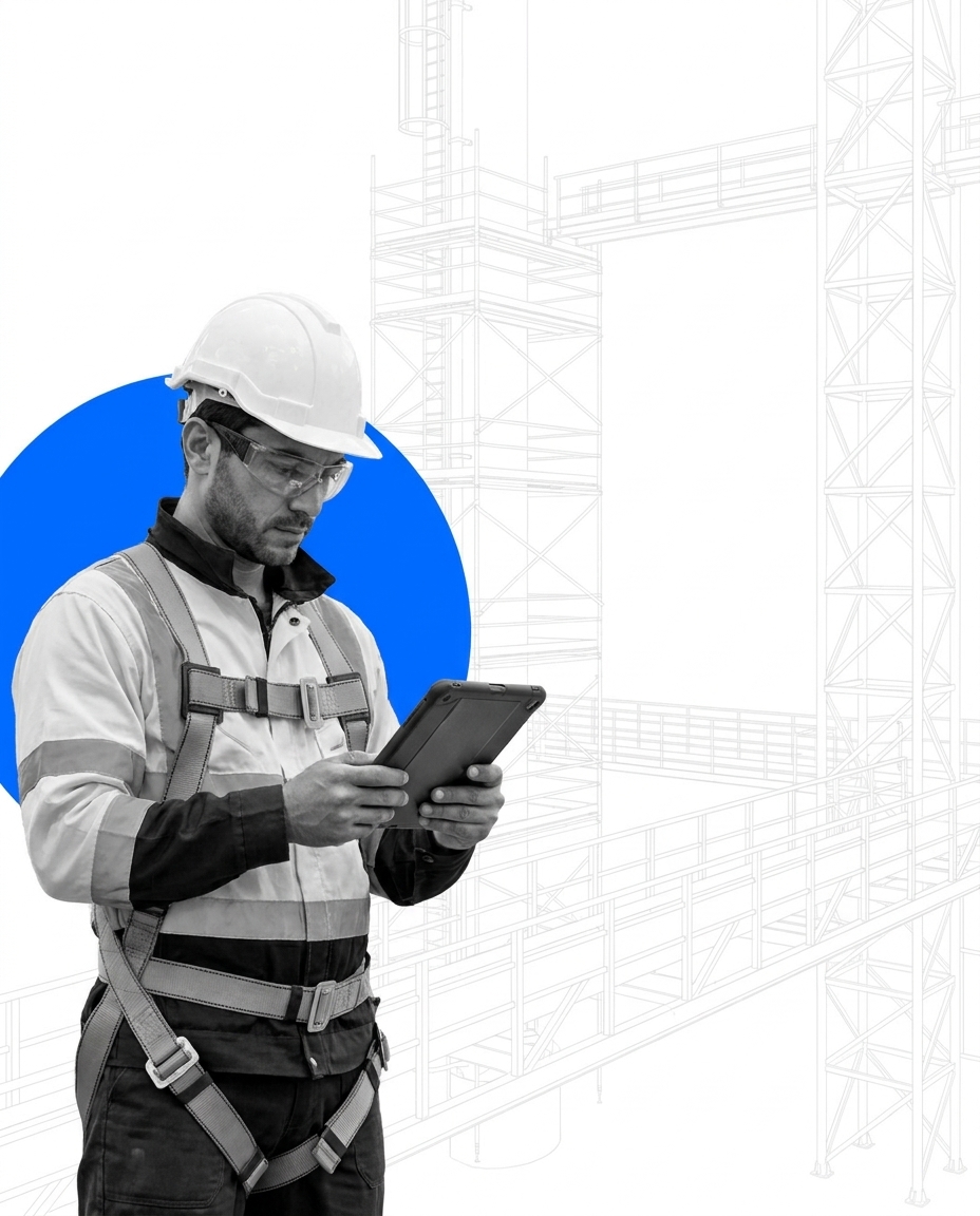 Prevencionista con casco, arnés y tablet completando un checklist de seguridad en terreno