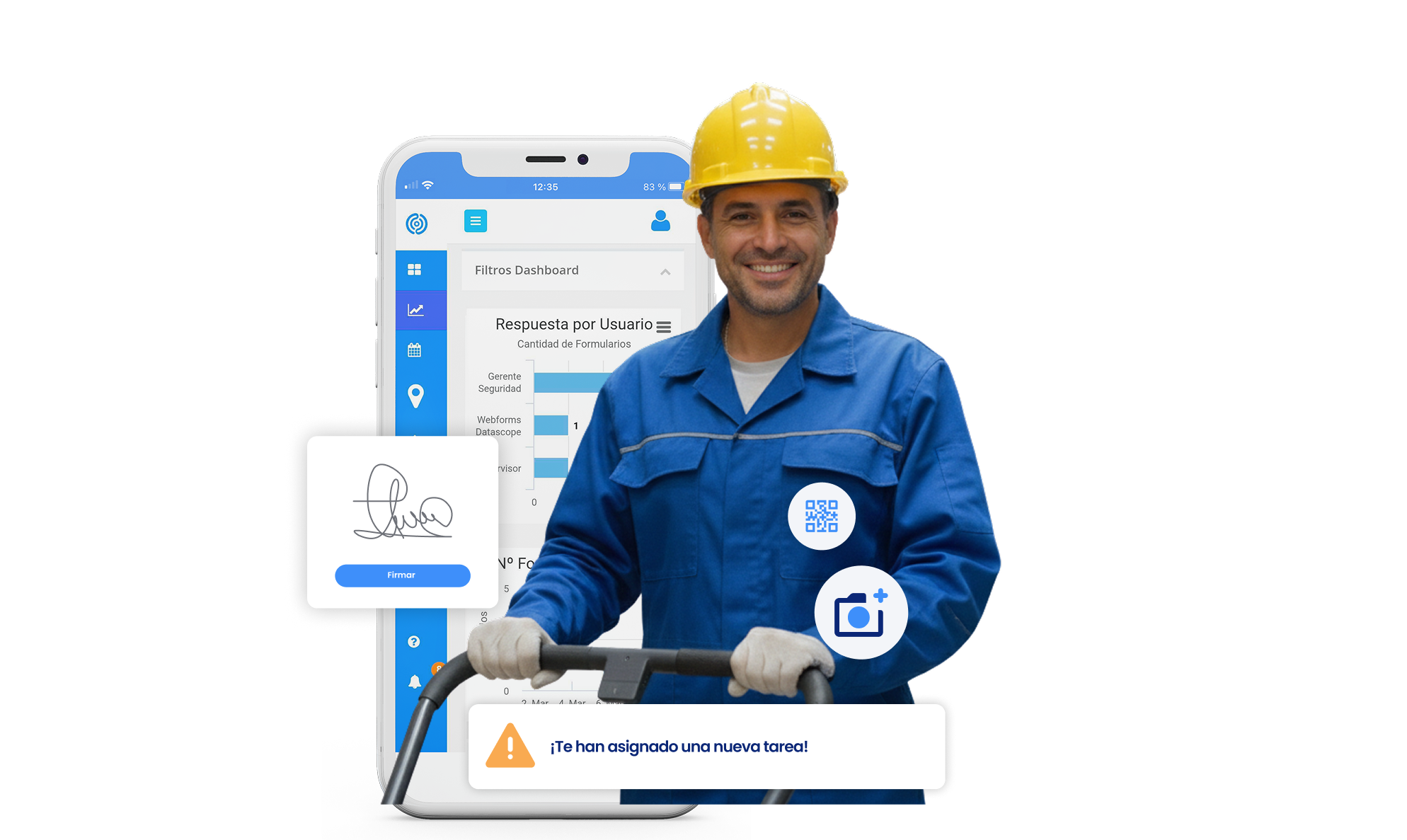 Técnico de Facility Services con tablet junto a máquina barredora industrial