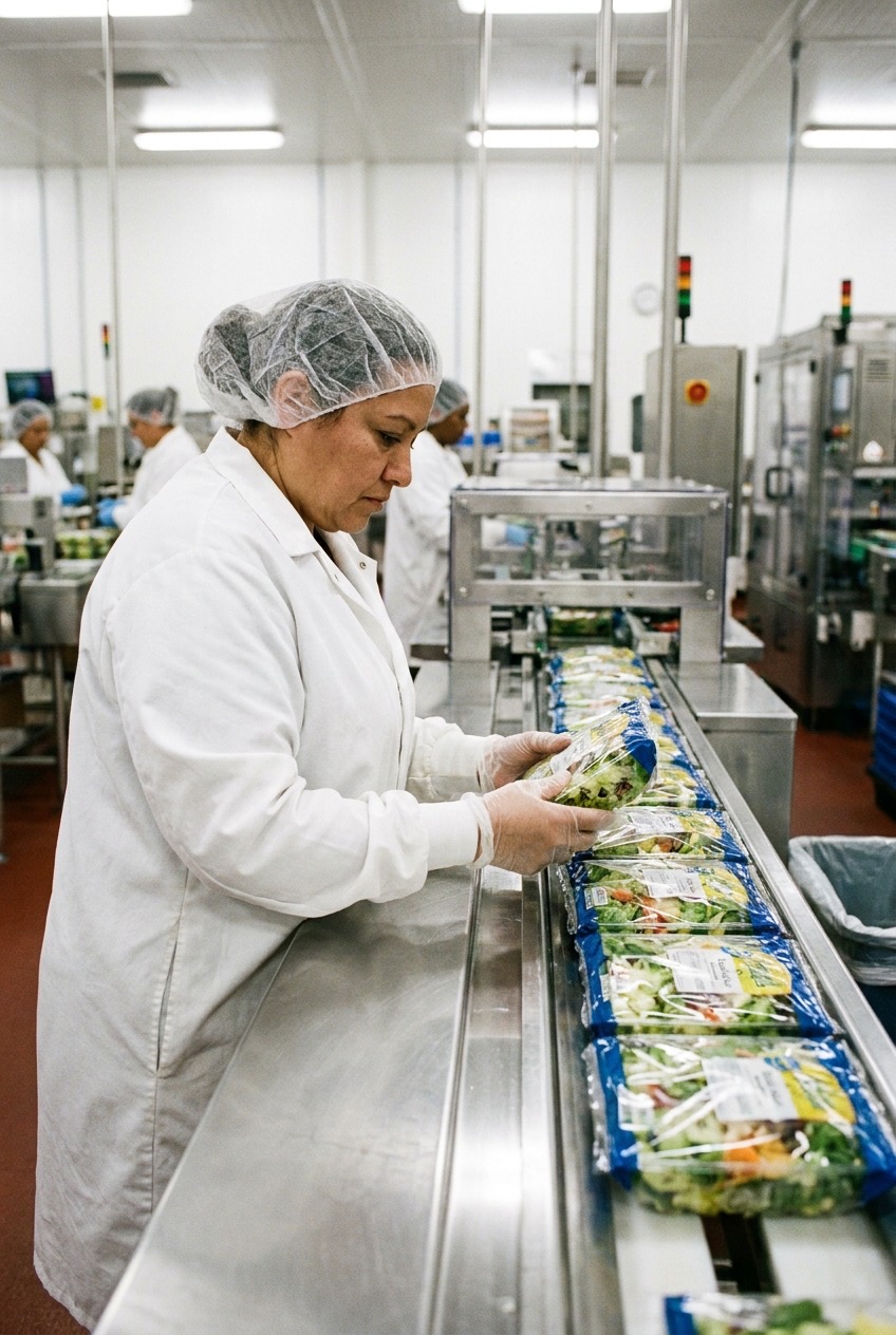 Alimentos: trabajador con tablet en línea de producción