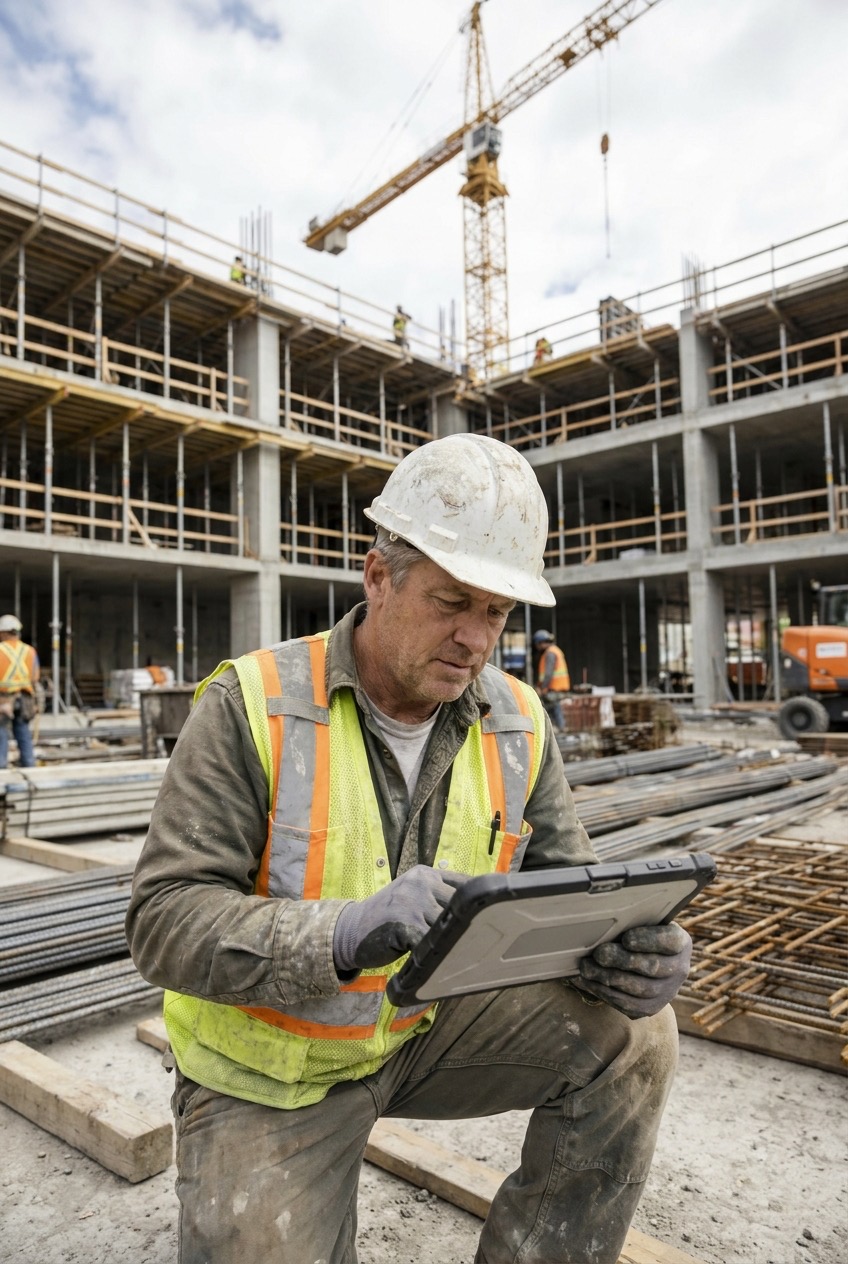 Trabajador con casco y tablet capturando datos en terreno con DataScope