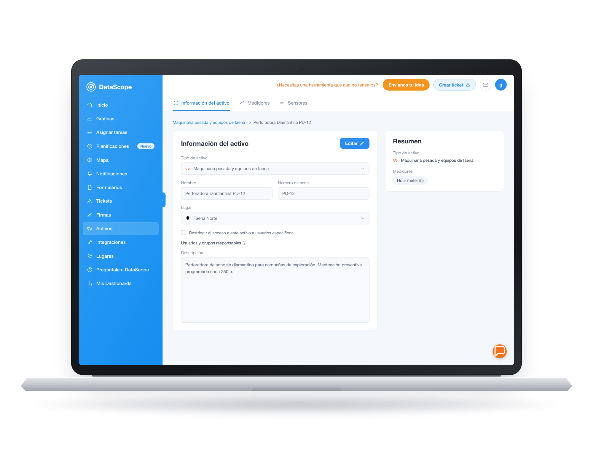 Ficha de un activo en la plataforma DataScope, con su tipo, ubicación y responsables