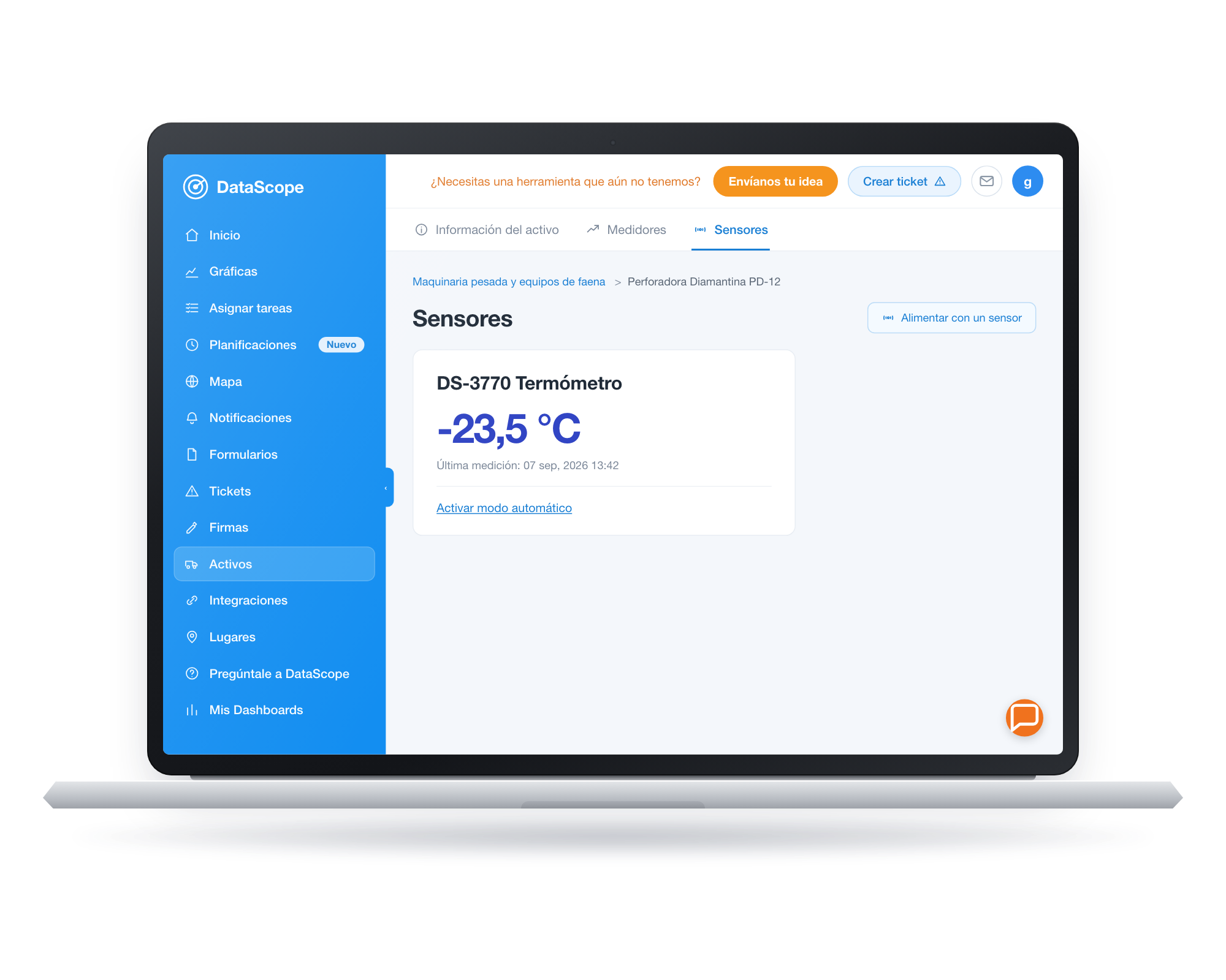 Sensor de temperatura asociado a un activo en la plataforma DataScope, con su última medición