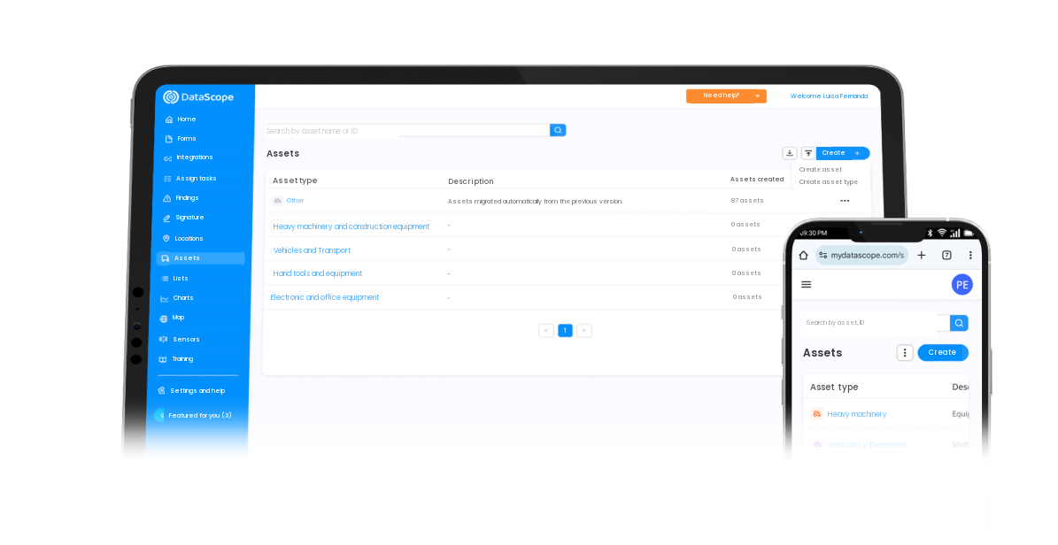 Listado de activos de la plataforma DataScope en tablet y celular