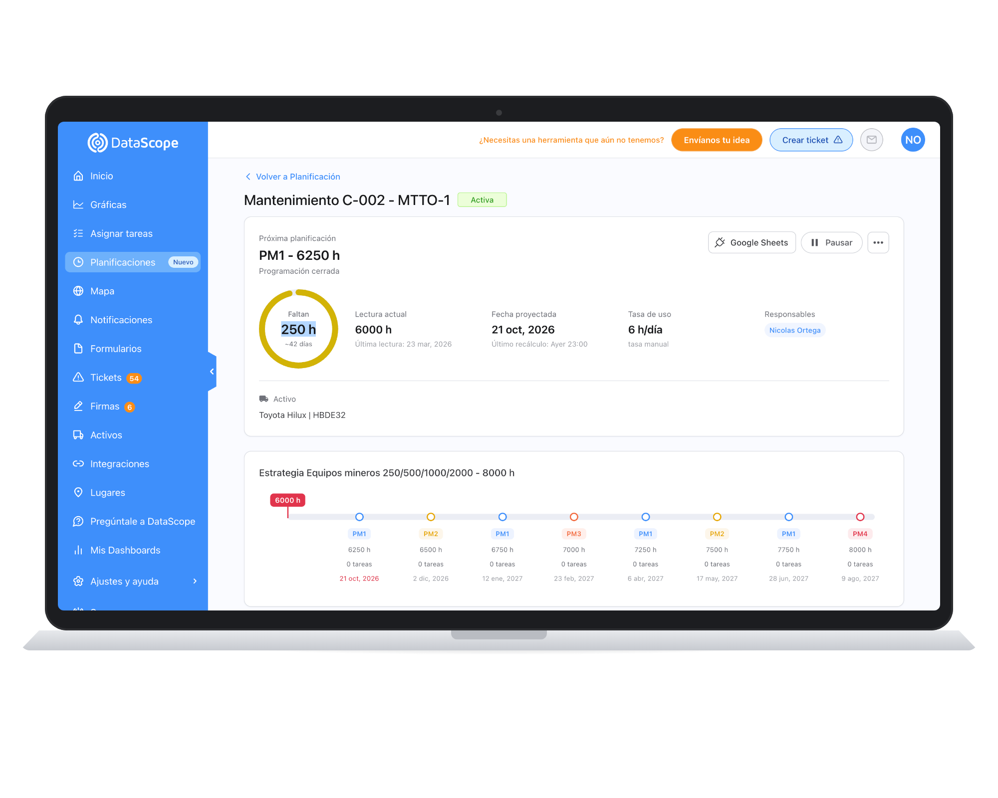 Detalle de una planificación de mantenimiento en DataScope, con horas restantes, lectura del activo, fecha proyectada y cronograma de ciclos futuros