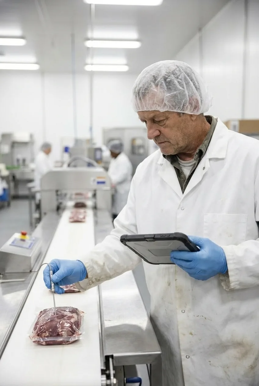 Inspector de calidad con cofia y guantes midiendo la temperatura de un producto envasado en una línea de planta de alimentos