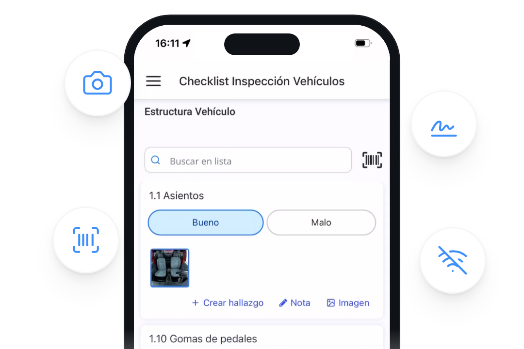 App móvil de DataScope con un checklist de inspección de vehículos