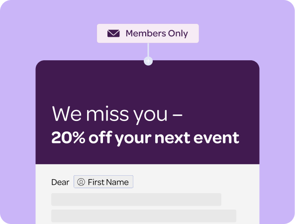 Members-only email offering 20% off the next event, with a personalised first-name field
