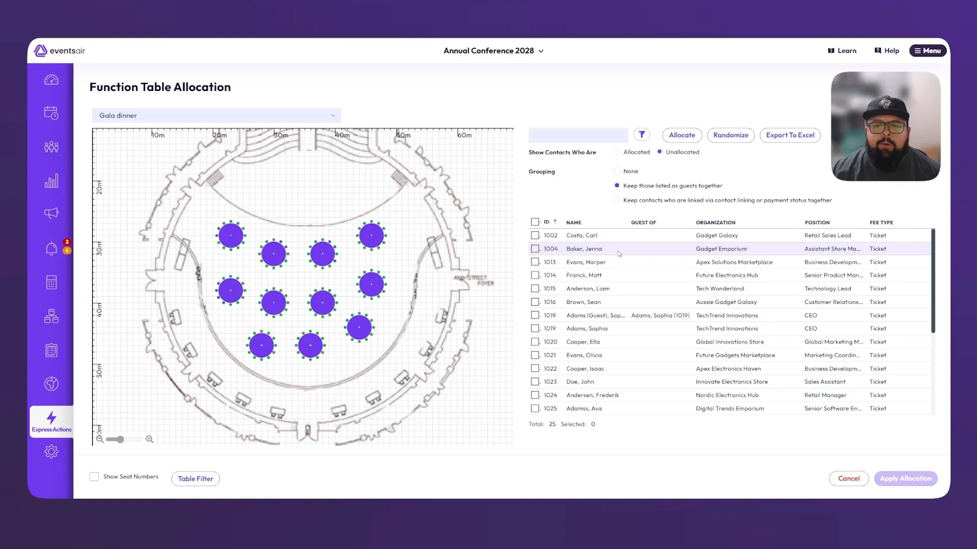 Function table allocation