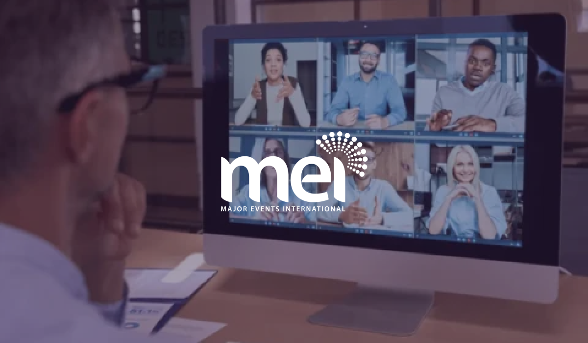 Major Events International logo over a man watching a six-person video call on a monitor