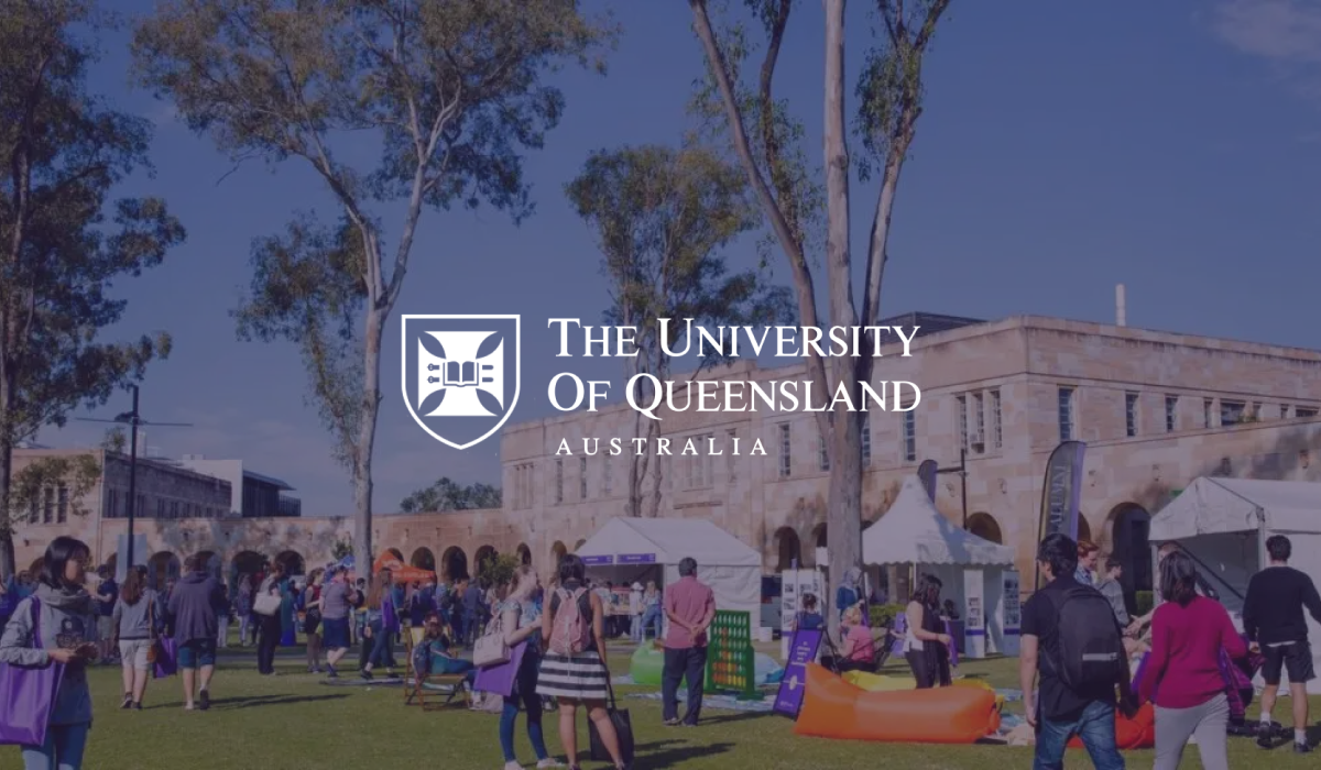 The University of Queensland logo over an outdoor campus event with marquees and students