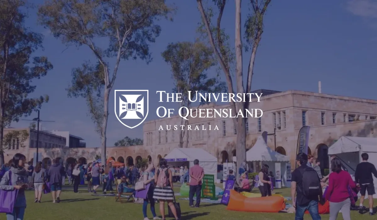 The University of Queensland logo over an outdoor campus event with marquees and students