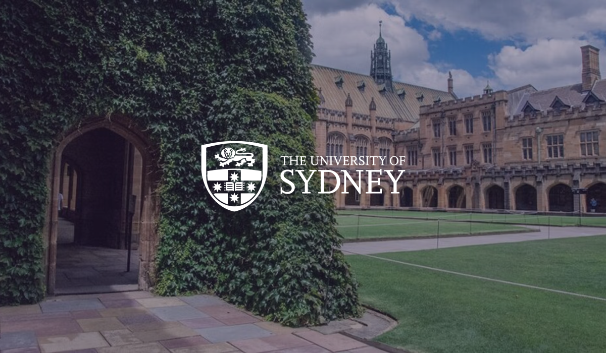 The University of Sydney logo over the ivy-covered sandstone quadrangle