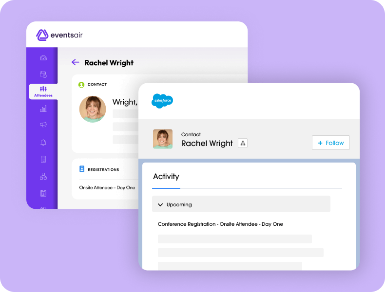EventsAir attendee record for Rachel Wright alongside her matching Salesforce contact record