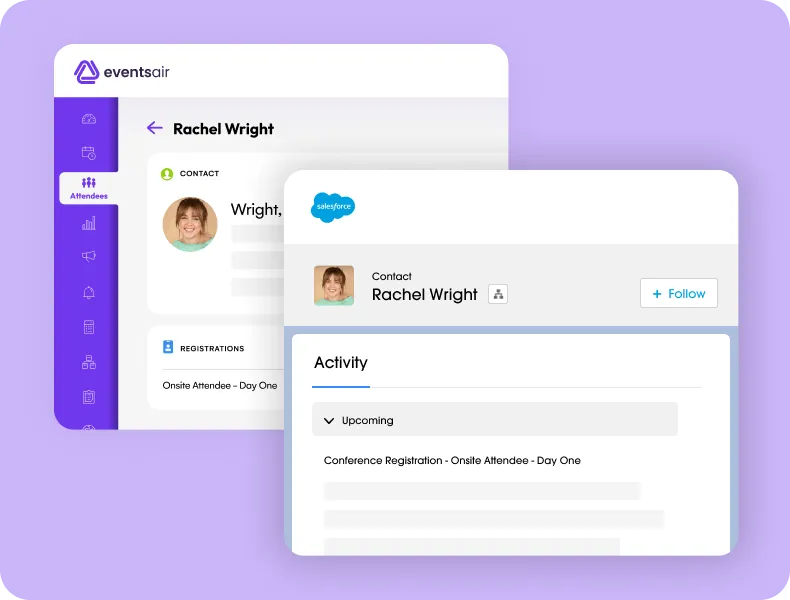 EventsAir attendee record for Rachel Wright alongside her matching Salesforce contact record