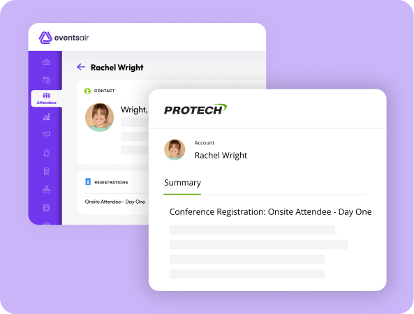 EventsAir attendee record for Rachel Wright alongside her matching Protech account record