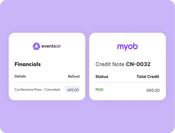 EventsAir financials refund matched to a paid MYOB Credit Note CN-0032
