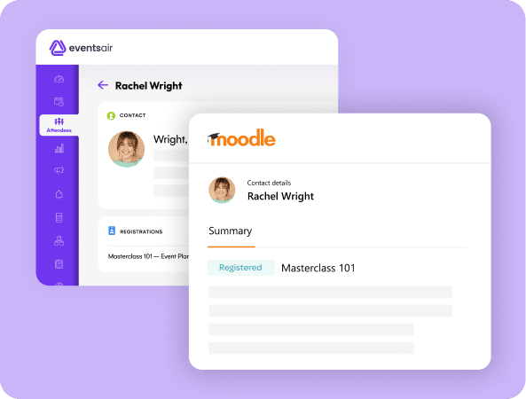 EventsAir attendee record for Rachel Wright alongside her matching Moodle enrolment record