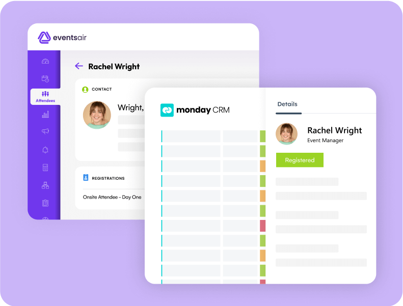 EventsAir attendee record for Rachel Wright beside her matching monday CRM board record