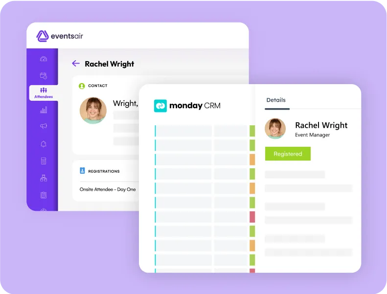 EventsAir attendee record for Rachel Wright beside her matching monday CRM board record