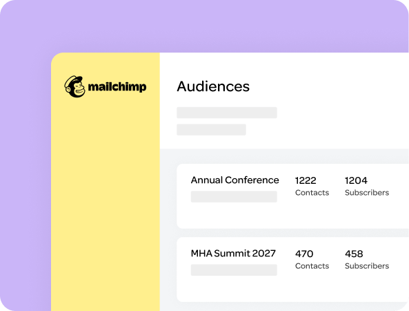 Mailchimp Audiences screen showing contact and subscriber counts for each event