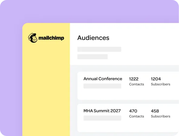 Mailchimp Audiences screen showing contact and subscriber counts for each event