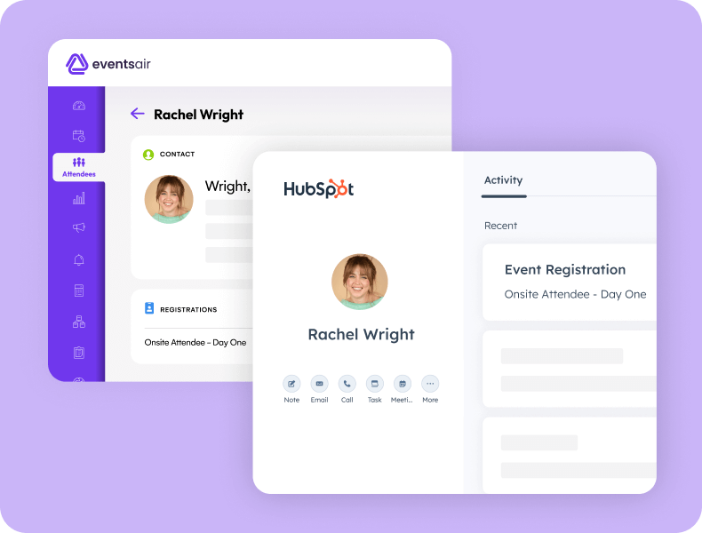 EventsAir attendee record beside a HubSpot contact record with an event registration activity