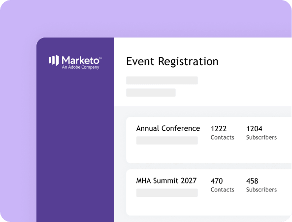 Marketo event registration list showing contact and subscriber counts for each event