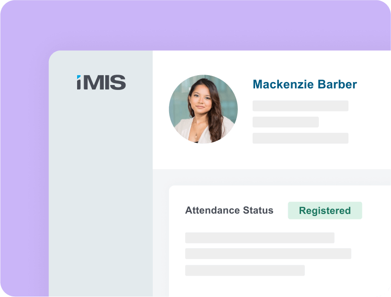 iMIS member profile with a photo and an attendance status marked Registered