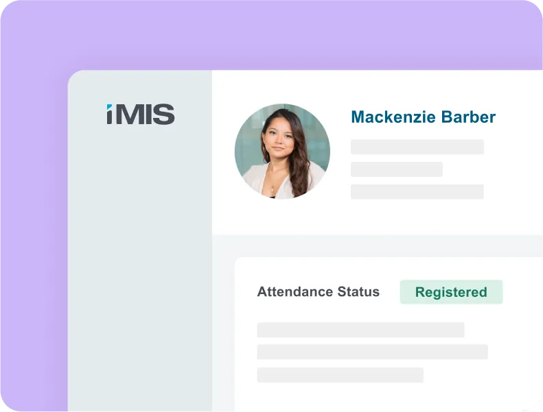 iMIS member profile with a photo and an attendance status marked Registered