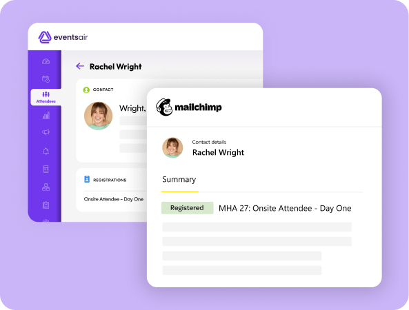 EventsAir attendee record beside a Mailchimp contact summary showing a registered attendee