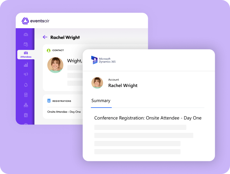 EventsAir attendee record beside a Microsoft Dynamics 365 account summary for the same contact
