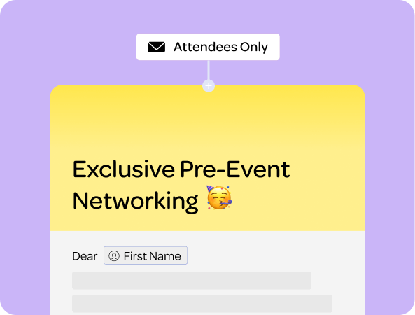 Attendees-only email headed "Exclusive Pre-Event Networking" with a personalised greeting