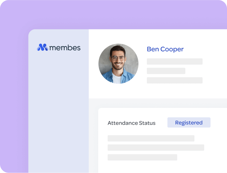 Membes member profile with a photo and an attendance status marked Registered