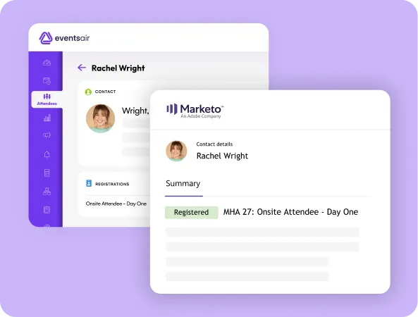 EventsAir attendee record beside a Marketo contact summary showing a registered attendee