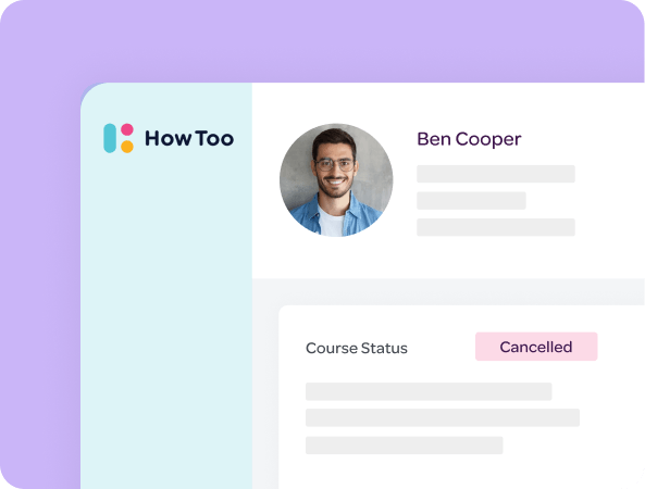 HowToo learner profile with a photo and a course status marked Cancelled