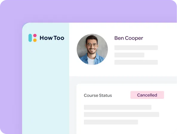 HowToo learner profile with a photo and a course status marked Cancelled