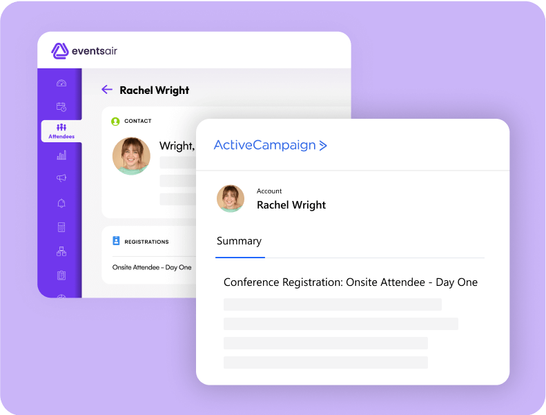 EventsAir attendee record beside an ActiveCampaign account summary showing a conference registration