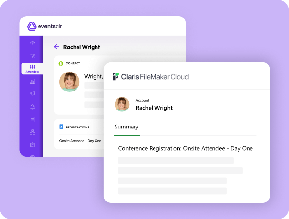 EventsAir attendee record beside a Claris FileMaker Cloud account summary showing a conference registration