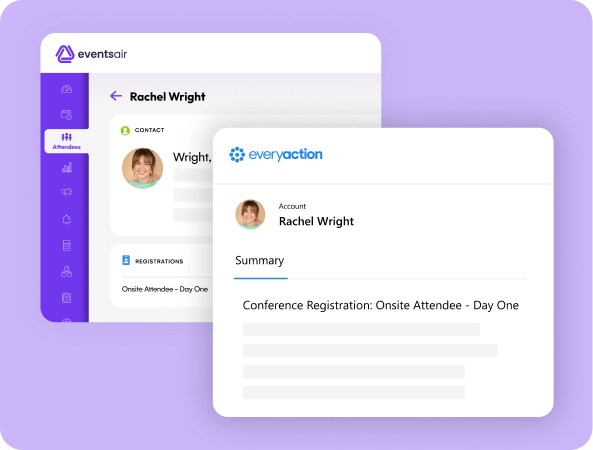 EventsAir attendee record beside an EveryAction account summary showing a conference registration