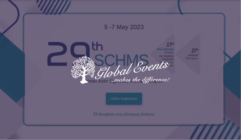 Global Events logo over the 29th SCHMS congress registration webpage